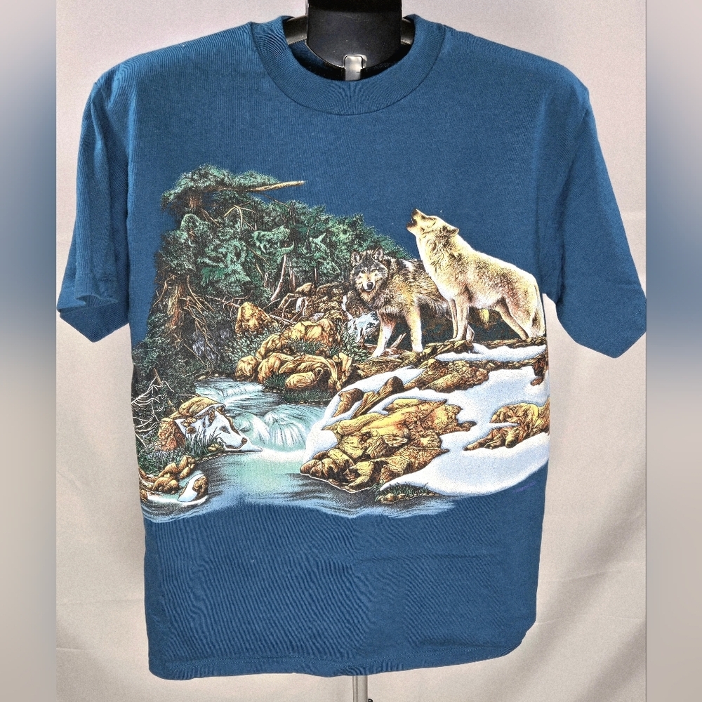 Vintage 90's Single Stitch Habitat St. Elmo Colorado Wolf AOP Shirt, Medium‎
